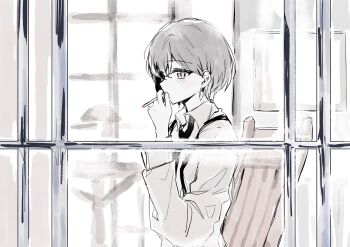 1girl bang_dream! bang_dream!_it&#039;s_mygo!!!!! brown_eyes chair commentary_request grey_hair highres holding holding_weapon long_sleeves necktie short_hair solo spot_color suspenders suudori takamatsu_tomori weapon