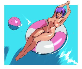 1girl armpits ayane_(doa) ball beachball breasts dead_or_alive headband innertube large_breasts looking_at_viewer midriff navel ninja ninja_gaiden nipples nude pool purple_hair short_hair sketch slingshot_swimsuit solo sunbeam_(artist) swim_ring swimsuit tan tanline