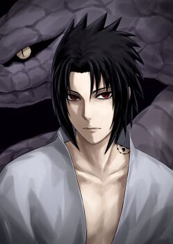1boy black_hair collarbone empty_eyes expressionless frown highres male_focus mikanyuku naruto_(series) naruto_shippuuden red_eyes sharingan shoulder_tattoo snake solo tattoo uchiha_sasuke