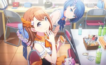 2girls blue_eyes blue_hair braid brown_hair chair closed_mouth colorful_palette crumbs drinking_straw eating food food_wrapper frilled_shirt frills game_cg grey_eyes hair_ornament hanasato_minori highres hodokareta_ito_no_sono_saki_ni_(project_sekai) holding holding_food idol_clothes kiritani_haruka looking_at_viewer multiple_girls official_art project_sekai red_bag shirt sitting smile third-party_source tissue_box white_shirt