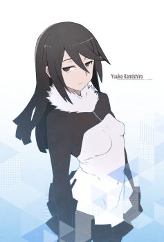 1girl ayu_(ddestiny944) black_dress black_eyes black_hair breasts digimon digimon_story:_cyber_sleuth dress highres impossible_clothes impossible_dress kamishiro_yuuko long_hair short_dress small_breasts solo two-tone_dress white_dress