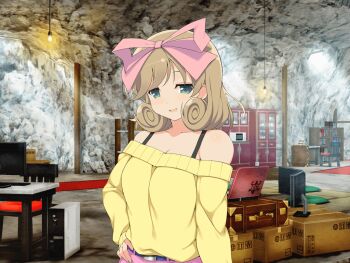 1girl armpit_crease belt biting_own_lip blush body_blush bookshelf bow box bra_strap breasts brown_hair cabinet cardboard_box cave chair cleavage collarbone computer curly_hair desk green_eyes hair_bow half-closed_eyes hand_on_own_hip hanging_light haruka_(senran_kagura) indoors laptop large_breasts looking_at_viewer microwave official_art pink_bow pink_skirt seductive_smile senran_kagura senran_kagura_shoujo-tachi_no_shin'ei short_hair skirt smile solo sweater swept_bangs table yaegashi_nan yellow_sweater