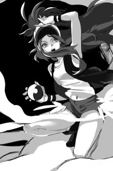 1girl artist_request bare_shoulders baseball_cap breasts denim denim_shorts floating_hair hat high_ponytail highres hilda_(pokemon) holding holding_poke_ball long_hair looking_up monochrome navel nintendo open_mouth poke_ball poke_ball_(basic) poke_ball_print pokemon pokemon_bw ponytail shorts simple_background solo thick_thighs thighs