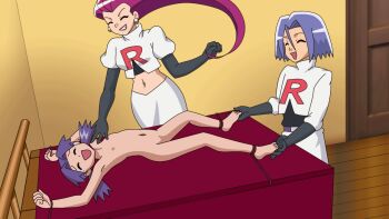1boy 2girls bdsm bed blue_hair bondage bound casey_(pokemon) closed_mouth completely_nude flat_chest indoors james_(pokemon) jessie_(pokemon) l3moon-studios loli multiple_girls nintendo nipples nude pokemon pokemon_(anime) pokemon_(classic_anime) purple_hair pussy team_rocket tickling tickling_feet