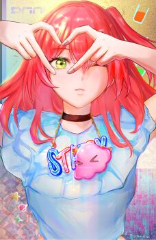 >_< 1girl absurdres black_choker bocchi_the_rock! choker commentary_request cube_hair_ornament english_text eyelashes four-finger_heart_hands gotoh_hitori gotoh_hitori_(octopus) green_eyes hair_ornament hair_spread_out hands_up heart heart_hands heart_hands_over_eye highres kita_ikuyo long_hair looking_at_viewer one_eye_closed one_side_up oyama_sou parted_lips red_hair shirt signature solo star_(symbol) tearing_up upper_body white_shirt