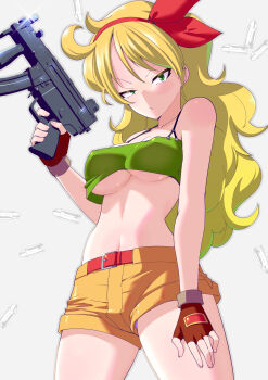 1girl absurdres belt blonde_hair breasts brown_gloves bullet closed_mouth covered_erect_nipples crop_top dragon_ball dragon_ball_(classic) fingerless_gloves gloves green_eyes gun hair_ribbon highres holding holding_gun holding_weapon long_hair looking_at_viewer lunch_(dragon_ball) lunch_(good)_(dragon_ball) red_ribbon ribbon shorts solo toku_sonchou weapon yellow_shorts