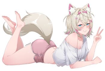 1girl alternate_costume animal_ear_fluff animal_ears bandaid bandaid_hair_ornament barefoot blonde_hair blue_eyes blush dog_ears dog_girl dog_tail dolphin_shorts fake_horns feet from_side grin hair_ornament hairband hashtag-only_commentary highres hololive hololive_english horisu_(kholiskun) horn_hairband horns legs_up looking_at_viewer lying mococo_abyssgard multicolored_hair on_stomach oversized_clothes oversized_shirt pink_hair pink_hairband pink_shorts shirt short_hair short_shorts shorts simple_background single_bare_shoulder smile soles solo streaked_hair tail toes twitter_username v virtual_youtuber white_background white_shirt x_hair_ornament