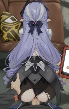 1boy 1girl absurdres black_pantyhose black_shirt black_skirt blue_bow blue_jacket bow braid clothed_sex hair_bow hairband half_up_braid hand_on_another&#039;s_ass hetero highres jacket lolita_hairband long_hair panties pantyhose pointy_ears pov purple_hair purple_hairband purple_panties sex sex_from_behind shengtian shirt skirt torn_clothes torn_pantyhose underwear vaginal vivian_banshee white_shirt wise_(zenless_zone_zero) zenless_zone_zero