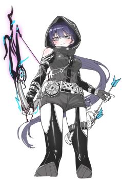 1girl absurdres arrow arrow_(projectile) belt belt_buckle black_gloves blush bow bow_(weapon) breasts buckle closed_mouth fingerless_gloves foot_out_of_frame gloves hair_between_eyes highres holding holding_arrow holding_weapon hood hood_up kokukyukeo long_hair looking_at_viewer looking_down maplestory medium_breasts pathfinder_(maplestory) ponytail purple_hair shorts smile solo tagme weapon white_background