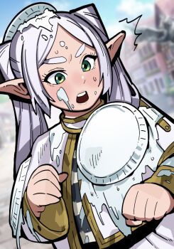 1girl ^^^ clenched_hands colored_eyebrows cream cream_on_clothes cream_on_face dutch_angle exhatomi food food_on_face frieren green_eyes hands_up looking_down open_mouth parted_bangs pie pointy_ears sidelocks solo sousou_no_frieren sweat teeth thick_eyebrows twintails upper_body upper_teeth_only v-shaped_eyebrows wet_and_messy white_hair