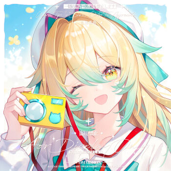 1girl beret blonde_hair blue_bow blue_bowtie blush bow bowtie camera commission eyelashes hair_between_eyes hair_intakes happy hat highres holding holding_camera long_hair long_sleeves looking_at_viewer multicolored_hair one_eye_closed open_mouth original sidelocks solo square two-tone_hair watermark white_hat yan_an_xi_ye yellow_eyes