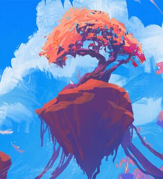 artist_name blue_sky cloud commentary english_commentary floating_island no_humans original outdoors plant_roots scenery signature sky tree zandra