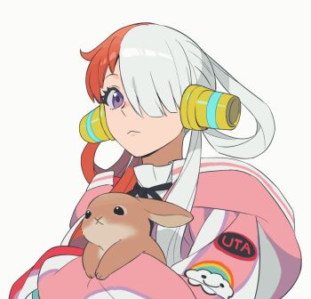 1girl :&lt; animal animated animated_gif asymmetrical_bangs asymmetrical_hair black_ribbon blush character_name collar expressive_hair frilled_collar frills grin hair_over_one_eye hair_rings headphones holding holding_animal hood hoodie long_hair long_sleeves looking_at_viewer looping_animation multicolored_hair neck_ribbon one_piece one_piece_film:_red pink_hoodie prehensile_hair purple_eyes qin_(7833198) rabbit red_hair ribbon sidelocks simple_background sleeves_past_fingers sleeves_past_wrists smile solo twintails two-tone_hair upper_body uta_(one_piece) white_background white_hair