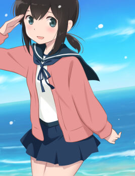 1girl aikawa_(hira1126) azuki-iro black_hair blue_eyes blue_neckerchief blue_sailor_collar blue_skirt blue_sky cardigan cloud commentary_request cowboy_shot day dutch_angle fubuki_(kancolle) happy_birthday highres kantai_collection long_hair long_sleeves low_ponytail neckerchief open_cardigan open_clothes outdoors pink_cardigan pleated_skirt ponytail sailor_collar salute school_uniform serafuku shirt short_ponytail sidelocks skirt sky solo water white_shirt