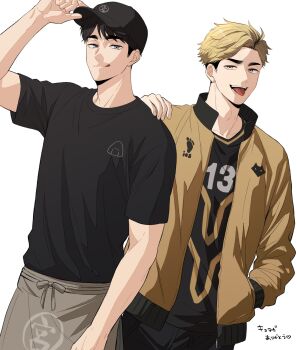 2boys :q adjusting_clothes adjusting_headwear aged_up apron baseball_cap black_hair black_hat black_pants blonde_hair bright_7wt brothers brown_eyes commentary_request food_print grey_eyes haikyuu!! hand_in_pocket hand_on_another&#039;s_shoulder hat highres looking_at_viewer male_focus mismatched_eyebrows miya_atsumu miya_osamu msby_black_jackals_jacket msby_black_jackals_volleyball_uniform multicolored_hair multiple_boys onigiri_print pants short_hair siblings sideburns simple_background smile standing teeth tongue tongue_out translation_request twins two-tone_hair undercut waist_apron white_background