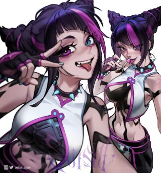 2girls artist_logo artist_name bare_shoulders blue_eyes bracelet breasts candy chinese_clothes choker collar commentary cosplay diagonal_bangs dudou english_commentary english_text fingerless_gloves food gloves hair_horns han_juri han_juri_(cosplay) heterochromia highres instagram_logo jewelry kiriko_(overwatch) licking logo lollipop looking_at_viewer multicolored_hair multiple_girls navel overwatch pink_eyes signature spiked_bracelet spiked_collar spikes street_fighter street_fighter_6 street_fighter_v suisui_again tongue tongue_out twitter_logo twitter_username two-tone_hair upper_body v white_background