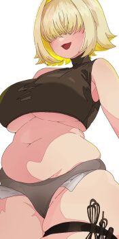 Rule 34 | 1girl, belly, black shirt, black shorts, blonde hair, blush, breasts, cleavage, covered eyes, crop top, crustacean crab, elegg (nikke), goddess of victory: nikke, hair over eyes, large breasts, muffin top, navel, open mouth, plump, shirt, short hair, short shorts, shorts, skindentation, sleeveless, sleeveless shirt, smile, solo, standing, thick thighs, thigh strap, thighs, turtleneck, underboob, white background