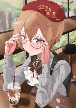 1girl absurdres ascot beanie black_bow black_bowtie blush bow bowtie brown_eyes brown_hair clio_aite clio_aite_(clio_2.0) commission drink drinking_straw glasses grey_shirt hat highres long_sleeves mon_monn phase_connect red_hat round_eyewear scar scar_across_eye scar_on_face shadow shirt short_hair solo stool table vgen_commission virtual_youtuber white_ascot