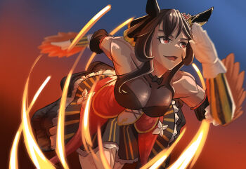 1girl animal_ears bare_shoulders black_dress braid braided_hair_rings breasts brown_hair corset detached_sleeves dress ear_covers ear_ornament gentildonna_(regina_dei_fiori)_(umamusume) gentildonna_(umamusume) gloves hair_between_eyes hair_ornament hair_rings heart-shaped_ornament heart_ear_ornament highres horse_ears horse_girl large_breasts lili_(egas4455) long_hair open_mouth red_corset red_eyes running see-through_cleavage see-through_clothes solo umamusume white_gloves