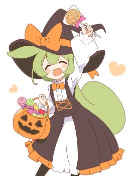 1girl :d ^_^ absurdres black_dress black_hat blush bow bowtie candy closed_eyes commentary dot_nose double-parted_bangs dress facing_viewer feet_out_of_frame food green_hair halloween halloween_bucket halloween_costume hat hat_bow highres holding holding_candy holding_food holding_lollipop jack-o&#039;-lantern lollipop long_hair long_sleeves open_mouth orange_bow orange_bowtie pinafore_dress shirt simple_background sleeveless sleeveless_dress smile solo standing swirl_lollipop voicevox white_background white_shirt witch_hat zundamon zungurimukkuri_tarou