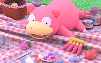 3d aspear_berry berry_(pokemon) bottle cookie drooling fangs food fork fruit gen_1_pokemon grass joe_buchholz lying master_ball milk milk_bottle moomoo_milk nanab_berry nintendo no_humans nostrils on_stomach open_mouth oran_berry picnic_basket picnic_blanket poke_ball poke_ball_theme pokemon pokemon_(creature) pokemon_focus pokemon_tcg razz_berry saliva slowpoke solo sprinkles tamato_berry