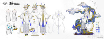 1girl ambience_synesthesia arknights artist_name breasts chinese_commentary colored_skin commentary_request concept_art copyright_name dragon_girl dragon_horns dragon_tail dress earrings from_behind gradient_hair green_hair grey_eyes grey_hair hair_between_eyes hair_ornament hair_stick highres horns in_tree iris_yi jewelry long_hair long_sleeves looking_at_viewer low_ponytail multicolored_hair multiple_views official_art orange_hair platform_shoes pointy_ears ponytail purple_hair reference_sheet robe shu_(arknights) shu_(bingwenyuyou)_(arknights) sidelocks sitting sitting_in_tree small_breasts smile tail tree very_long_hair white_dress white_robe wide_sleeves