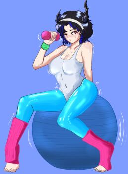 1girl asymmetrical_horns ball black_hair blush bouncing commentary covered_navel demon_horns dumbbell english_commentary exercise_ball exercising gabi_20029 hairband highres hololive hololive_english horns leotard motion_lines nerissa_ravencroft purple_background red_eyes short_hair simple_background solo sweat uneven_horns virtual_youtuber workout_clothes