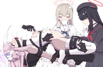 3girls arms_behind_back ball_gag bdsm black_gloves black_hair black_serafuku blonde_hair blue_archive bondage bondage_cuffs bound bound_arms bound_legs breasts choker collar drinking femdom forced_orgasm gag gagged gloves halo highres justice_task_force_member_(blue_archive) long_hair mika_(blue_archive) multiple_girls nagisa_(blue_archive) necktie nipple_rub nipple_stimulation nipple_tweak nipples orgasm pink_hair restrained sailor sailor_collar school_uniform serafuku sex_toy simple_background slave small_breasts thighhighs tickling torn_clothes very_long_hair vibrator white_background white_thighhighs wiffle_gag xiao_chai_hu yuri