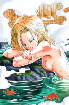1girl absurdres android_18 artist_name bathing blonde_hair blue_eyes breasts dragon_ball dragonball_z dripping earrings head_rest highres jewelry leaf maple_leaf nude onsen roub3d short_hair sideboob steam wet