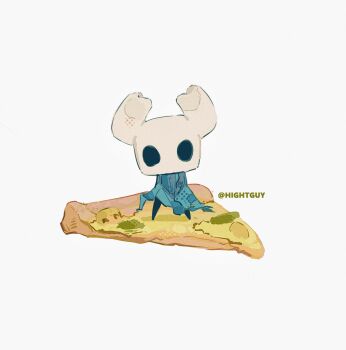 1other artist_name chinese_commentary commentary_request film_grain food full_body grey_cloak halftone hightguy hollow_eyes hollow_knight horns knight_(hollow_knight) looking_at_viewer mushroom mushroom_slice other_focus pizza pizza_slice shadow simple_background solo standing white_background