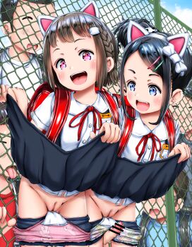 2girls animal_ears animal_print backpack bag black_gloves blush buruma buruma_pull censored cleft_of_venus clothes_lift clothes_pull erection exhibitionism fake_animal_ears fat_mons flashing flat_chest gloves higeepon loli multiple_boys multiple_girls name_tag outdoors panties panty_pull print_panties public_indecency rabbit_print randoseru school_uniform shota skirt skirt_lift small_penis smile tagme third-party_edit tongue tongue_out underwear