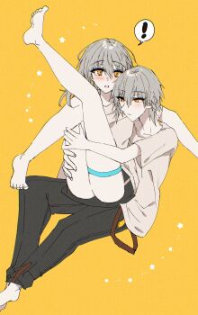 Rule 34 | !, 1boy, 1girl, barefoot, black pants, black skirt, blush, caelus (honkai: star rail), closed mouth, commentary request, dual persona, fingernails, full body, grey hair, hair between eyes, hetero, highres, honkai: star rail, honkai (series), kinona, legs up, long hair, looking at another, miniskirt, open mouth, orange background, orange eyes, pale skin, pants, selfcest, shirt, short hair, short sleeves, sidelocks, simple background, sitting, sitting on person, skirt, speech bubble, spoken exclamation mark, star (symbol), stelle (honkai: star rail), t-shirt, teeth, thigh strap, toenails, tongue, trailblazer (honkai: star rail), white shirt