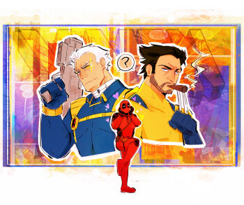 3boys ? cable_(marvel) cigar claws comic_background commentary copyright_name deadpool deadpool_&amp;_wolverine deadpool_(series) deadpool_2 diffraction_spikes english_commentary glowing glowing_eye gun hand_on_own_cheek hand_on_own_face heart highres holding holding_gun holding_weapon looking_at_viewer male_focus marvel marvel multiple_boys seadeepspace smoke smoking speech_bubble spoken_question_mark standing standing_on_one_leg superhero_costume weapon wolverine_(x-men) x-men x-men_film_series