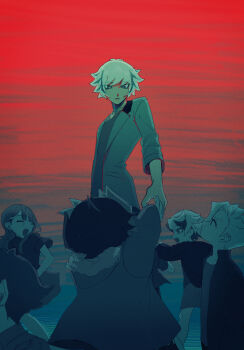 1girl 5boys absurdres character_request child coat fujiki_yusaku highres hood hood_down hooded_coat jacket kogami_ryoken long_sleeves looking_at_another monochrome multiple_boys oji-sama_(ochi4t) parted_lips playmaker_(yu-gi-oh!) reaching reaching_towards_another red_background revolver_(yu-gi-oh!) short_hair yu-gi-oh! yu-gi-oh!_vrains