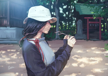 1girl artist_name black_hair black_jacket blurry blurry_background bucket_hat building closed_mouth commentary_request dappled_sunlight day depth_of_field from_side hands_up hat highres holding holding_removed_eyewear jacket long_hair long_sleeves open_clothes open_jacket original outdoors profile ryon40716441 shirt signature solo sunlight torii unworn_eyewear upper_body white_hat white_shirt