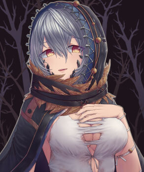 1girl alternate_hair_color bare_tree black_background breasts cloak code_vein commentary dress fangs female_focus grey_hair hair_between_eyes hand_on_own_chest highres hood hooded_cloak io_(code_vein) lips medium_breasts short_hair solo torn_clothes torn_dress tree vampire yautau yellow_eyes