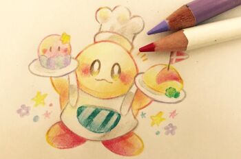 Rule 34 | apron, art tools in frame, blush, bright pupils, character-themed food, chef hat, chef kawasaki, closed mouth, colored pencil (medium), commentary request, food, full body, hat, kirby, kirby (series), nintendo, no humans, omelet, omurice, photo (medium), star (symbol), traditional media, white apron, white hat, white pupils, yukichi 0611
