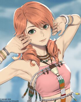 armpits artist_name bare_shoulders blurry blurry_background bracelet breasts camisole closed_mouth commentary crop_top english_commentary final_fantasy final_fantasy_xiii green_eyes hair_between_eyes highres jewelry kobayashi_gen light_smile long_hair looking_at_viewer low_twintails medium_breasts midriff oerba_dia_vanille official_alternate_costume orange_hair pink_camisole square_enix twintails wavy_hair