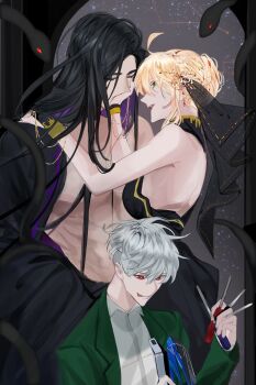 Rule 34 | 1girl, 2boys, :p, absurdres, ahoge, armpits, bangle, black dress, black hair, black robe, black veil, blonde hair, bracelet, closed eyes, commentary request, constellation, dress, green eyes, hades (omniscient reader's viewpoint), hair bun, halter dress, halterneck, hand on another's face, hayu beck, head wreath, highres, holding, holding screwdriver, jewelry, kim namwoon, korean commentary, long hair, long sidelocks, looking at viewer, multiple boys, official art, omniscient reader's viewpoint, parted lips, persephone (omniscient reader's viewpoint), red eyes, robe, screwdriver, short hair, sidelocks, sky, snake, star (sky), starry sky, tongue, tongue out, veil, white hair