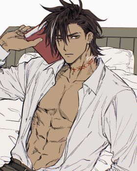 Rule 34 | 1boy, abs, absurdres, bare pectorals, bed, belt, black belt, brown eyes, brown hair, closed mouth, collarbone, collared shirt, cowboy shot, dark-skinned male, dark skin, earrings, eyebrow cut, forbartz xylo, frown, gyozabiglove143, highres, jewelry, looking to the side, male focus, navel, neck tattoo, parted hair, pectorals, piercing, pillow, shirt, shirt tucked in, sideways glance, solo, tattoo, toned, toned male, white shirt, wing collar, yuushakei ni shosu