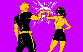 1boy 1girl arm_up bakugou_katsuki belt boku_no_hero_academia chainsaw_man closed_mouth collared_shirt commentary contrapposto crossover english_commentary explosive fist_bump from_behind grenade hair_bun hand_on_own_hip highres kendy_(revolocities) limited_palette power_connection purple_background reze_(chainsaw_man) shirt short_hair short_sleeves simple_background skirt sleeveless sleeveless_shirt smile spiked_hair t-shirt