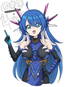 1girl :d ahoge bar_censor bare_shoulders black_dress black_gloves blue_eyes blue_hair breasts censored censored_identity character_request commentary_request cropped_torso dress duel_masters duel_masters_play&#039;s elbow_gloves gloves hair_between_eyes hand_on_own_hip hand_up headgear highres index_finger_raised long_hair medium_breasts multicolored_hair open_mouth q.e.d._(duel_masters) rumiya9i simple_background sleeveless sleeveless_dress smile two-tone_hair upper_body very_long_hair white_background white_hair