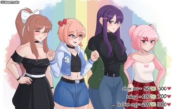 4girls black_dress black_sweater black_tank_top blue_eyes blue_skirt blush brown_hair denim doki_doki_literature_club dress elaguacatitoart highres jeans long_hair midriff monika_(doki_doki_literature_club) multiple_girls natsuki_(doki_doki_literature_club) navel pants pink_eyes pink_hair plaid_clothes plaid_skirt pleated_skirt ponytail purple_eyes purple_hair red_skirt sayori_(doki_doki_literature_club) shirt short_hair sidelocks skirt sweater tank_top two_side_up white_shirt yuri_(doki_doki_literature_club)