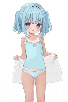 1girl absurdres aqua_eyes aqua_hair aqua_panties blush bow bow_panties female_focus highres holding holding_towel loli looking_at_viewer open_mouth original panties pink_bow polka_dot polka_dot_panties shirt solo standing tan tanline totorin7124 towel twintails underwear white_background