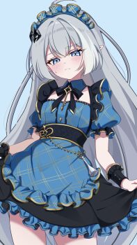 1girl adapted_costume ahoge alternate_costume apron black_dress black_ribbon black_wrist_cuffs blue_apron blue_background blue_dress blue_eyes blush chess_piece commentary_request contrapposto cowboy_shot dress enmaided female_tyrant_(stella_sora) frilled_apron frilled_dress frills grey_hair hair_intakes hair_ornament head_tilt highres jewelry kano3 key key_necklace long_hair looking_at_viewer maid maid_apron maid_headdress neck_ribbon necklace pointy_ears puffy_short_sleeves puffy_sleeves ribbon short_sleeves simple_background skirt_hold solo standing stella_sora sweatdrop thigh_gap two-tone_dress tyrant_(stella_sora) very_long_hair waist_apron wrist_cuffs