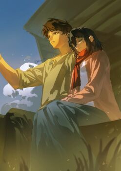 1boy 1girl black_hair blue_skirt brown_hair cabin cardigan closed_eyes closed_mouth cloud cloudy_sky eren_yeager feet_out_of_frame hair_behind_ear hashtag-only_commentary long_skirt long_sleeves medium_hair mikasa_ackerman open_cardigan open_clothes outdoors parted_lips pink_cardigan red_scarf scarf shingeki_no_kyojin shirt short_hair sitting skirt sky twitter_username white_shirt yun_(dl2n5c7kbh8ihcx)