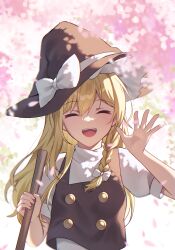 Rule 34 | 1girl, absurdres, black vest, blonde hair, blurry, bow, braid, cherry blossoms, closed eyes, commentary request, depth of field, falling petals, hair bow, hat, hat bow, highres, holding, kirisame marisa, kurobikari, long hair, open mouth, petals, pink petals, puffy short sleeves, puffy sleeves, short sleeves, side braid, single braid, smile, solo, teeth, touhou, upper teeth only, vest, waving, white bow, witch hat
