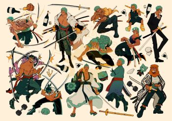 1boy abs age_progression alternate_skin_color animalization arabian_clothes artist_collaboration artist_request ashura_(one_piece) bandana bare_pectorals birthday black_suit black_tank_top bottle child clothes_around_waist collage cup dark-skinned_male dark_skin dual_wielding dumbbell extra_arms fake_facial_hair fake_mustache fighting_stance formal_clothes goggles goggles_on_head green_hair grin haori highres holding holding_sword holding_weapon japanese_clothes kimono large_pectorals male_focus marimo mouth_hold multiple_heads muscular muscular_male official_alternate_costume one_piece pectorals roronoa_zoro sakazuki scar scar_across_eye scar_on_face shirt short_hair smile striped_clothes striped_shirt suit sunglasses sword tank_top topless_male triple_wielding weapon white_kimono wine_bottle