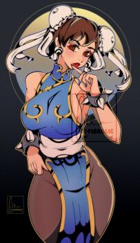1girl bangle bare_shoulders belt black_pantyhose blue_dress bracelet breasts brown_eyes brown_hair bun_cover capcom china_dress chinese_clothes chun-li cowboy_shot cresscin double_bun dress earrings gold_trim hair_bun hair_ribbon hand_to_own_mouth highres jewelry large_breasts light_blush looking_at_viewer pantyhose parted_lips pearl_earrings pelvic_curtain red_lips ribbon sideboob solo spiked_bracelet spikes street_fighter updo white_belt white_ribbon