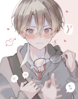 1boy 1other :i aoru_uu arrow_through_heart black-framed_eyewear blurry blurry_foreground blush brown_hair closed_mouth collared_shirt commentary_request double-parted_bangs drawstring flying_sweatdrops glasses grey_hoodie hair_between_eyes heart highres holding holding_removed_eyewear hood hood_down hood_up hoodie long_sleeves looking_at_viewer looking_to_the_side male_focus necktie open_collar original pink_background pink_eyes red_necktie shirt short_hair signature simple_background solo_focus spoken_flying_sweatdrops spoken_heart unworn_eyewear upper_body white_shirt